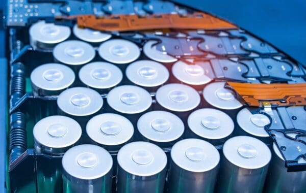 Close-up of lithium-ion battery pack module, revealing grid of upright chrome-coloured cylinder-shaped batteries, sat within blue and orange casing.