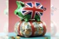 Square graphic via ChatGPT of green piggy bank with UK flag on side, atop bundle of cash notes and coins wrapped in red tape, with faded partial duplicate panels added left and right to make image landscape.