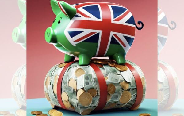 Square graphic via ChatGPT of green piggy bank with UK flag on side, atop bundle of cash notes and coins wrapped in red tape, with faded partial duplicate panels added left and right to make image landscape.