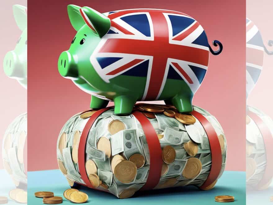 Square graphic via ChatGPT of green piggy bank with UK flag on side, atop bundle of cash notes and coins wrapped in red tape, with faded partial duplicate panels added left and right to make image landscape.