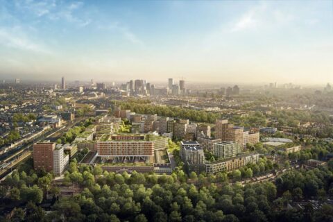 Artist's impression of Cartesius site, viewed from above and from distance, surrounded by green trees, with city in background towards horizon.