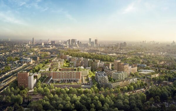 Artist's impression of Cartesius site, viewed from above and from distance, surrounded by green trees, with city in background towards horizon.