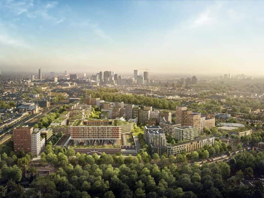 Artist's impression of Cartesius site, viewed from above and from distance, surrounded by green trees, with city in background towards horizon.