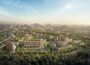 Artist's impression of Cartesius site, viewed from above and from distance, surrounded by green trees, with city in background towards horizon.