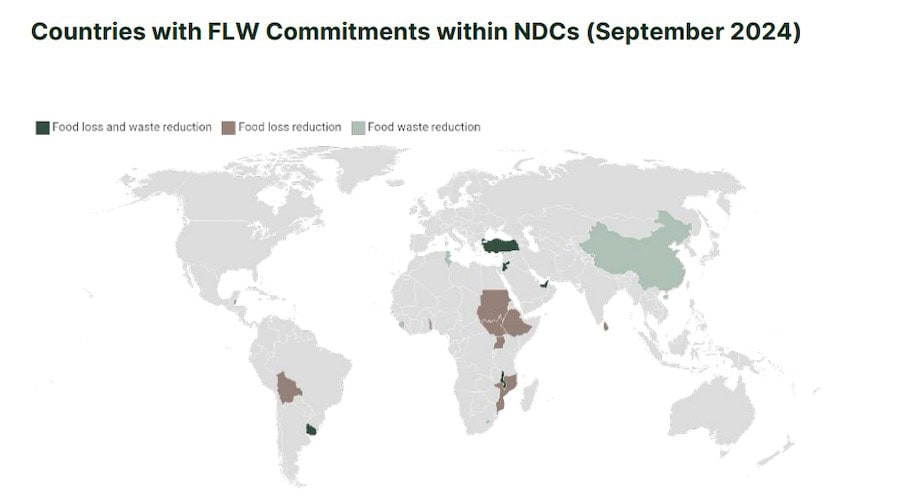 Black and white world map shows the 12 countries in colour where food waste and/or loss features in their NDCs.