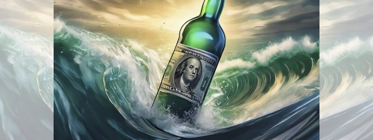 Square graphic via ChatGPT of money in a bottle, adrift on stormy sea, with faded partial duplicate panels added L and R to make image landscape.