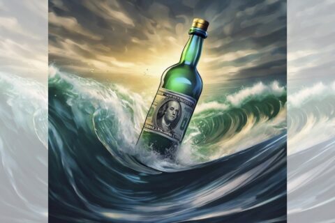 Square graphic via ChatGPT of money in a bottle, adrift on stormy sea, with faded partial duplicate panels added L and R to make image landscape.