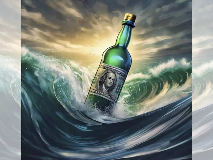 Square graphic via ChatGPT of money in a bottle, adrift on stormy sea, with faded partial duplicate panels added L and R to make image landscape.