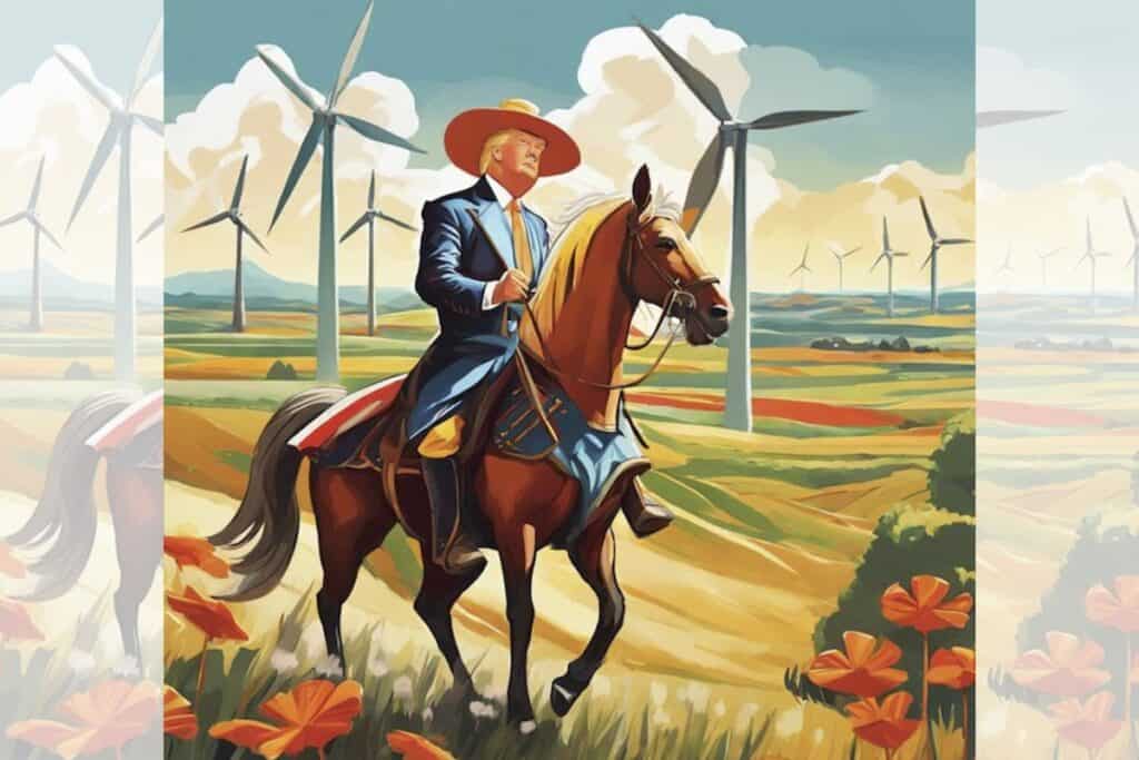 Square graphic via ChatGPT of besuited Donald Trump on horseback in style of fictional Don Quixote, with wind turbines in fields behind, plus faded partial duplicate panels added L and R to make image landscape.