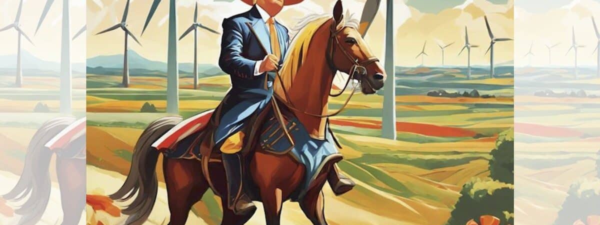 Square graphic via ChatGPT of besuited Donald Trump on horseback in style of fictional Don Quixote, with wind turbines in fields behind, plus faded partial duplicate panels added L and R to make image landscape.