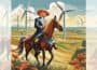 Square graphic via ChatGPT of besuited Donald Trump on horseback in style of fictional Don Quixote, with wind turbines in fields behind, plus faded partial duplicate panels added L and R to make image landscape.