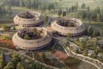 Visualisation of Almanakken project by Sweco Architects shows three ring-shaped building structures set within a regenerative green neighbourhood.