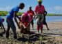 Group of people planting small mangrove saplings by hand in muddy land on banks of river, with instructor guiding community member.