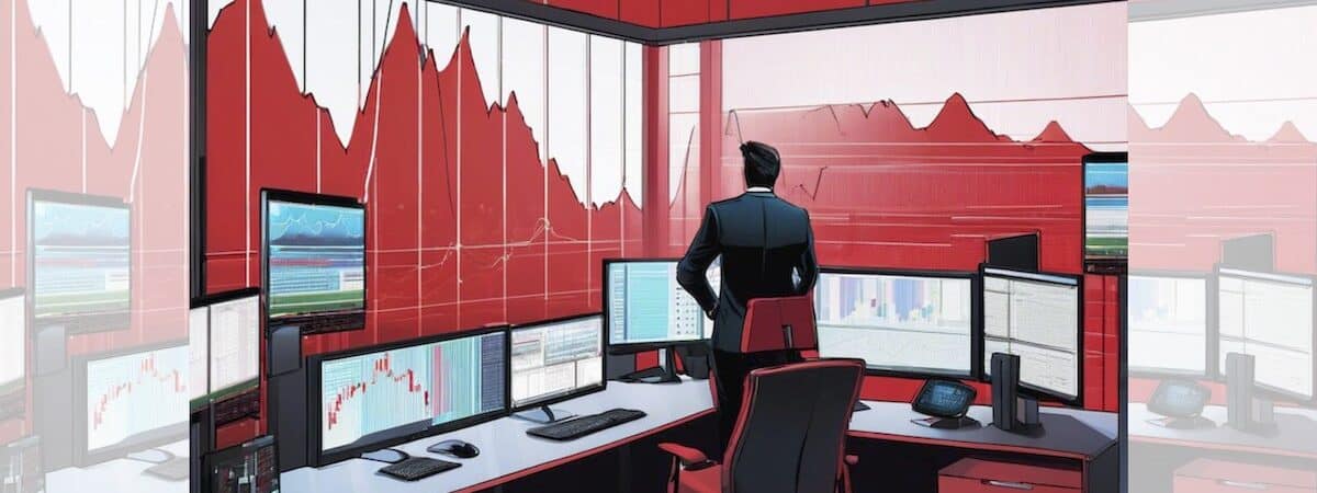 Square graphic via ChatGPT of stock trader stood at L-shaped desk, surrounded by screens of falling bar charts, in room with red walls and furnishings; faded duplicate panels added L & R to make image landscape.