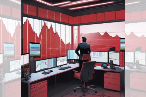 Square graphic via ChatGPT of stock trader stood at L-shaped desk, surrounded by screens of falling bar charts, in room with red walls and furnishings; faded duplicate panels added L & R to make image landscape.