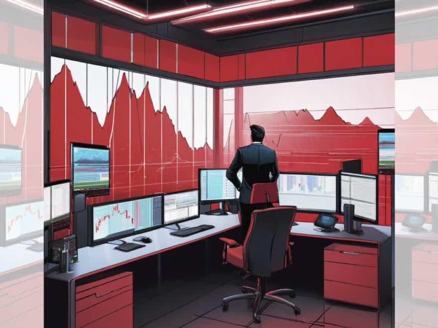 Square graphic via ChatGPT of stock trader stood at L-shaped desk, surrounded by screens of falling bar charts, in room with red walls and furnishings; faded duplicate panels added L & R to make image landscape.