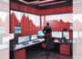 Square graphic via ChatGPT of stock trader stood at L-shaped desk, surrounded by screens of falling bar charts, in room with red walls and furnishings; faded duplicate panels added L & R to make image landscape.