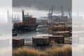 Square graphic via ChatGPT of bleak-looking derelict container port, shows cranes idle and rusting containers and weeds growing in foreground; with faded duplicate panels added L & R to make image landscape.