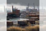 Square graphic via ChatGPT of bleak-looking derelict container port, shows cranes idle and rusting containers and weeds growing in foreground; with faded duplicate panels added L & R to make image landscape.