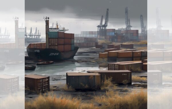 Square graphic via ChatGPT of bleak-looking derelict container port, shows cranes idle and rusting containers and weeds growing in foreground; with faded duplicate panels added L & R to make image landscape.