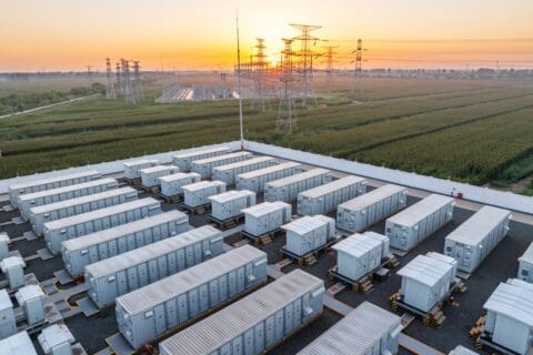 Energy storage power station at sunrise, with dozens of storage units in foreground, pylons and station infrastructure behind amongst green fields.