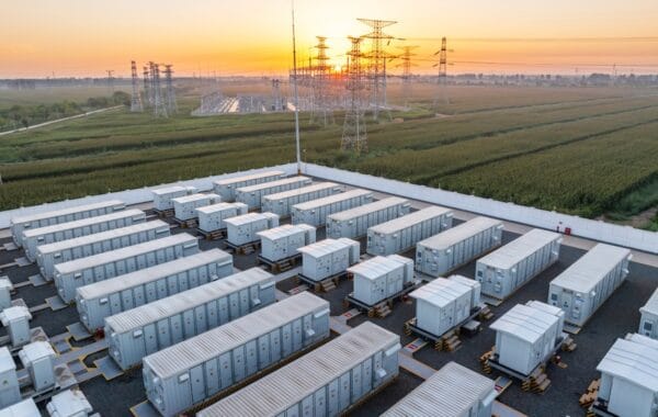 Energy storage power station at sunrise, with dozens of storage units in foreground, pylons and station infrastructure behind amongst green fields.