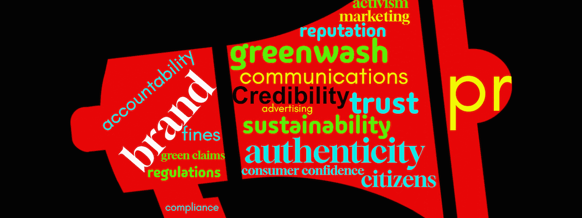 Wordcloud created mostly using tags from the accompanying Guest Blog presented in the shape of red megaphone on black background.