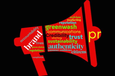 Wordcloud created mostly using tags from the accompanying Guest Blog presented in the shape of red megaphone on black background.