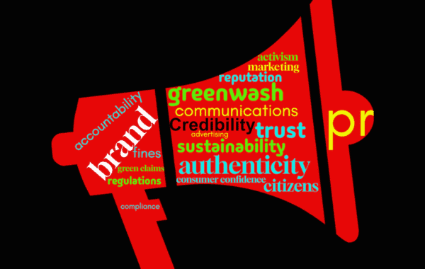 Wordcloud created mostly using tags from the accompanying Guest Blog presented in the shape of red megaphone on black background.