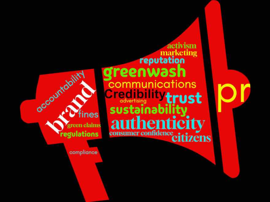 Wordcloud created mostly using tags from the accompanying Guest Blog presented in the shape of red megaphone on black background.