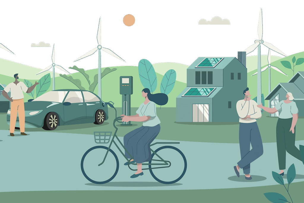 Graphic of adults enjoying sustainable lifestyles and tech — EV charging, solar on buildings, cycling, etc — in green landscape with wind turbines.