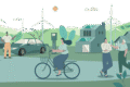 Graphic of adults enjoying sustainable lifestyles and tech — EV charging, solar on buildings, cycling, etc —  in green landscape with wind turbines.