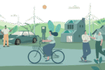 Graphic of adults enjoying sustainable lifestyles and tech — EV charging, solar on buildings, cycling, etc —  in green landscape with wind turbines.