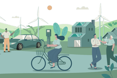 Graphic of adults enjoying sustainable lifestyles and tech — EV charging, solar on buildings, cycling, etc —  in green landscape with wind turbines.