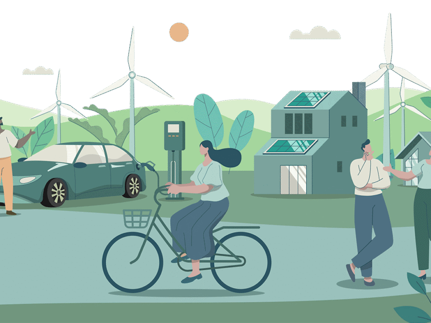 Graphic of adults enjoying sustainable lifestyles and tech — EV charging, solar on buildings, cycling, etc —  in green landscape with wind turbines.