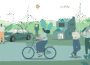 Graphic of adults enjoying sustainable lifestyles and tech — EV charging, solar on buildings, cycling, etc —  in green landscape with wind turbines.