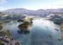 Illustration shows large lake development with mountains behind, tree islands in centre, canoes on water, pedestrians on walkways and bridges.