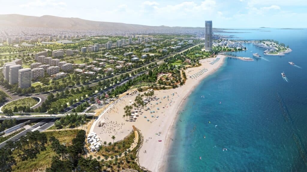 Artist's impression of The Ellinikon Coastal front, with beach and sea to the right, new development and greenspace to the left.