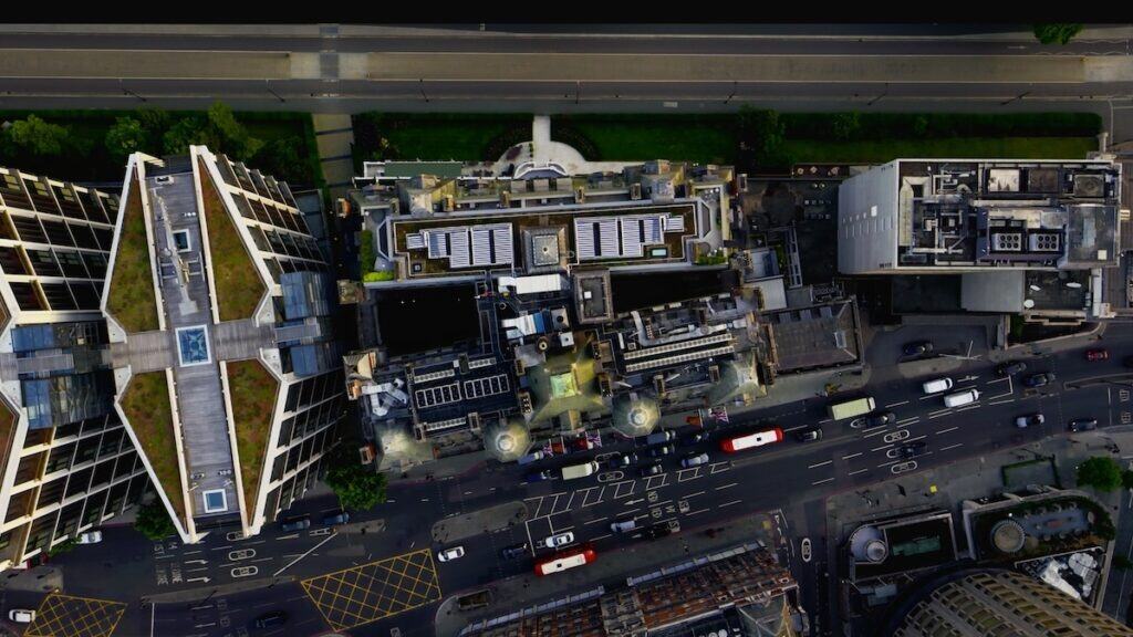 Aerial photo of roof of Mandarin Hotel shot from some distance and directly above to show banks of solar thermal tubes installed.
