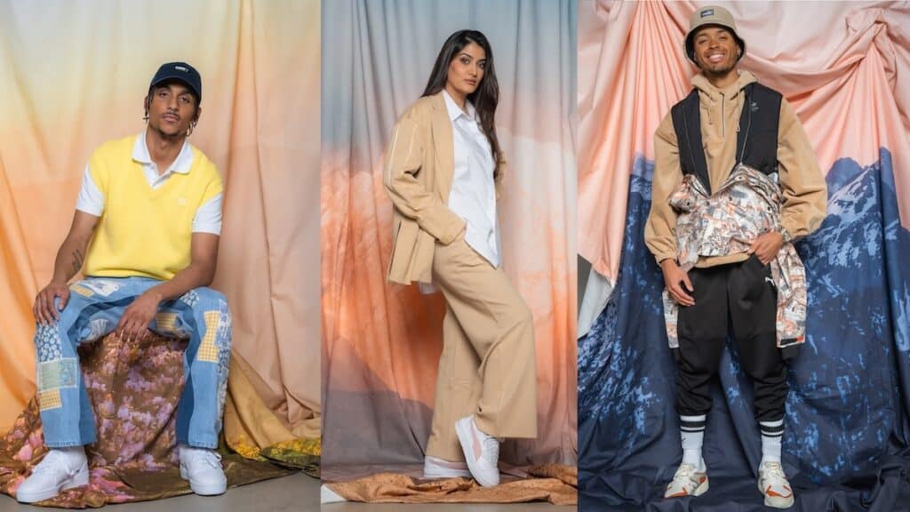 Triptych panel image shows three individuals in fashion poses — one seated, two standing — all looking at camera, with draped fabric backdrop.