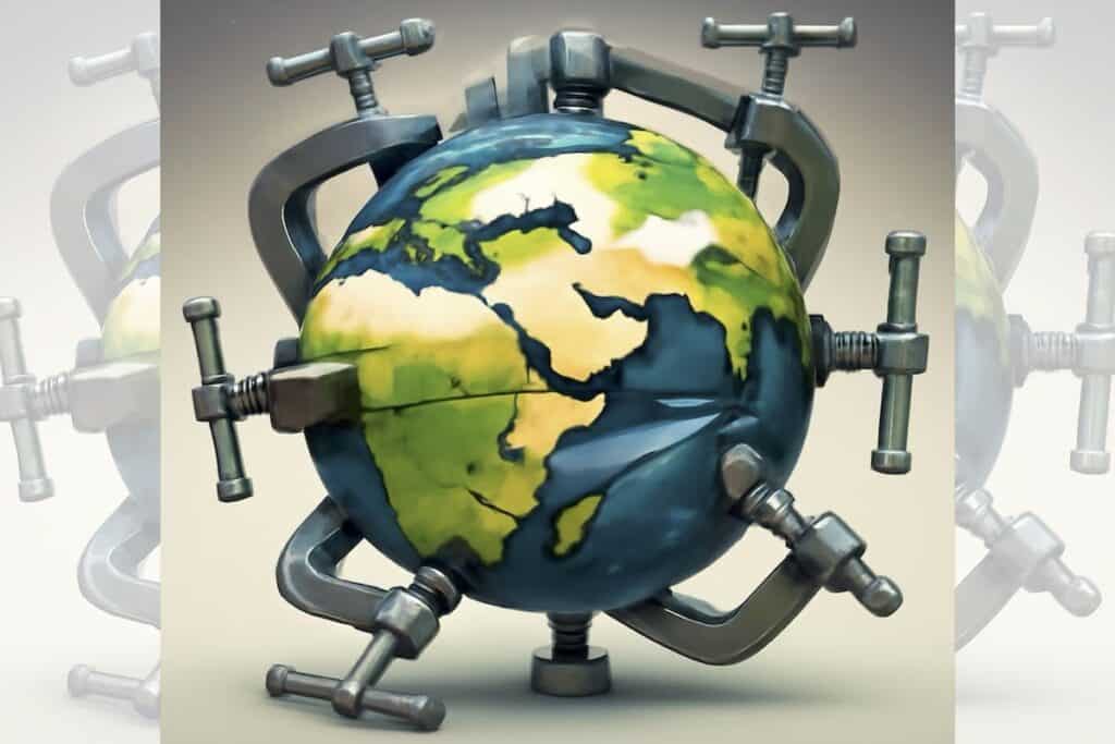 Square graphic via ChatGPT of Planet Earth inflatable squeezed by multiple grey vices applied all around; with faded duplicate panels added L & R to make image landscape.