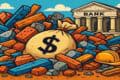 Illustration created using ChatGPT shows pile of construction waste, with big dollar-sign adorned bag of money in middle and bank building behind.