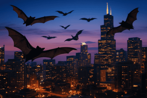 Image created using ChatGPT shows bats flying at night in urban setting, with cityscape of high-rise buildings behind, lights on, street traffic below.