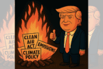 Square ChatGPT image of Trump smiling, thumbs up, by bonfire of Clean Air Act, Emissions & Climate Policy; faded duplicate panels L & R to widen.