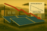 Illustration created using ChatGPT of solar PV on ground, with bright red performance line going down l-r, plus EFFICIENCY and DECLINE graph.