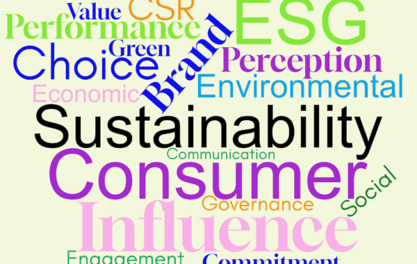 Wordcloud on white background created using tags from accompanying news story about sustainability influence and consumer choice.
