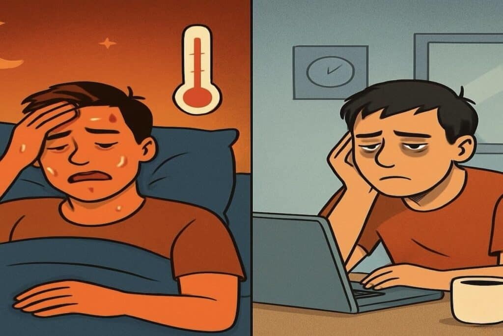Diptych created using ChatGPT shows person sweating in bed at night on left, thermometer above, then looking tired at desk in office on right.