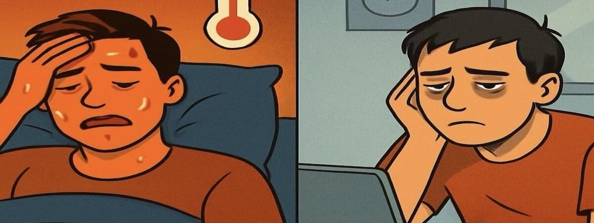 Diptych created using ChatGPT shows person sweating in bed at night on left, thermometer above, then looking tired at desk in office on right.