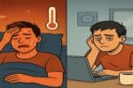 Diptych created using ChatGPT shows person sweating in bed at night on left, thermometer above, then looking tired at desk in office on right.