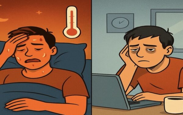 Diptych created using ChatGPT shows person sweating in bed at night on left, thermometer above, then looking tired at desk in office on right.